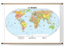 CARTE DU MONDE - POLITIQUE - 190 X 130CM  - PLASTIFIEE DOUBLE FACE ET AVEC DES BATONS EN BOIS